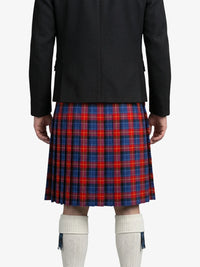Person wearing a black jacket and red and blue plaid kilt on a white background