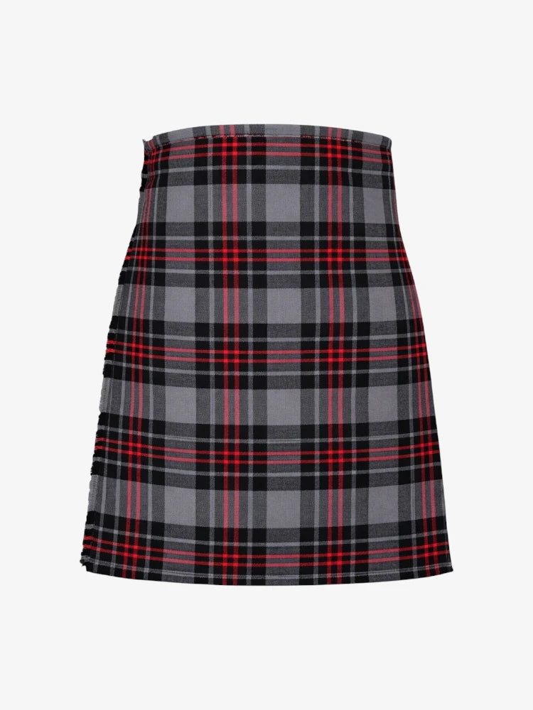 Plaid kilt with black, gray, and red pattern on a white background