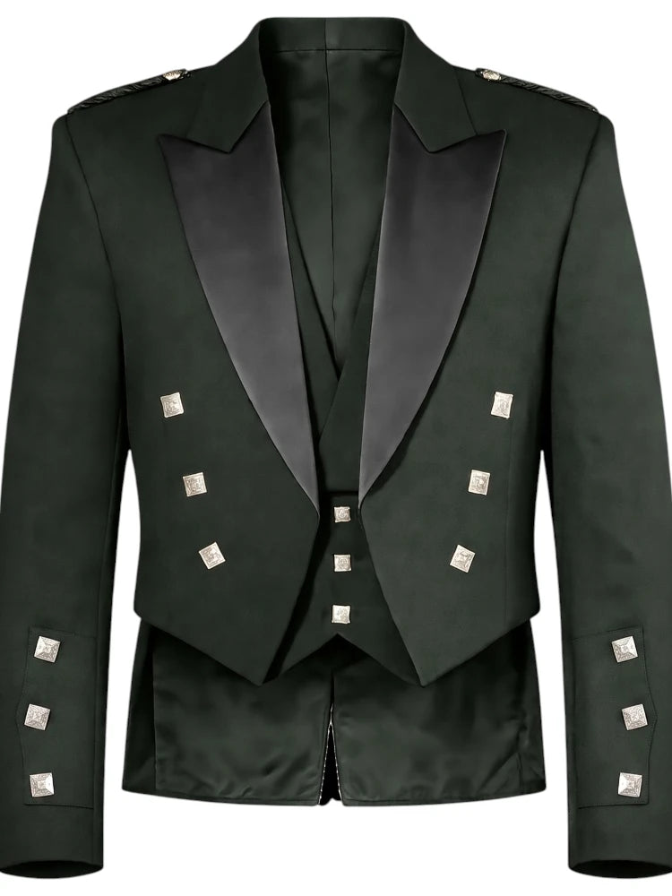 A dark forest green double-breasted blazer with black satin peak lapels and silver metallic square studs on the front and cuffs, shown against a plain white background.