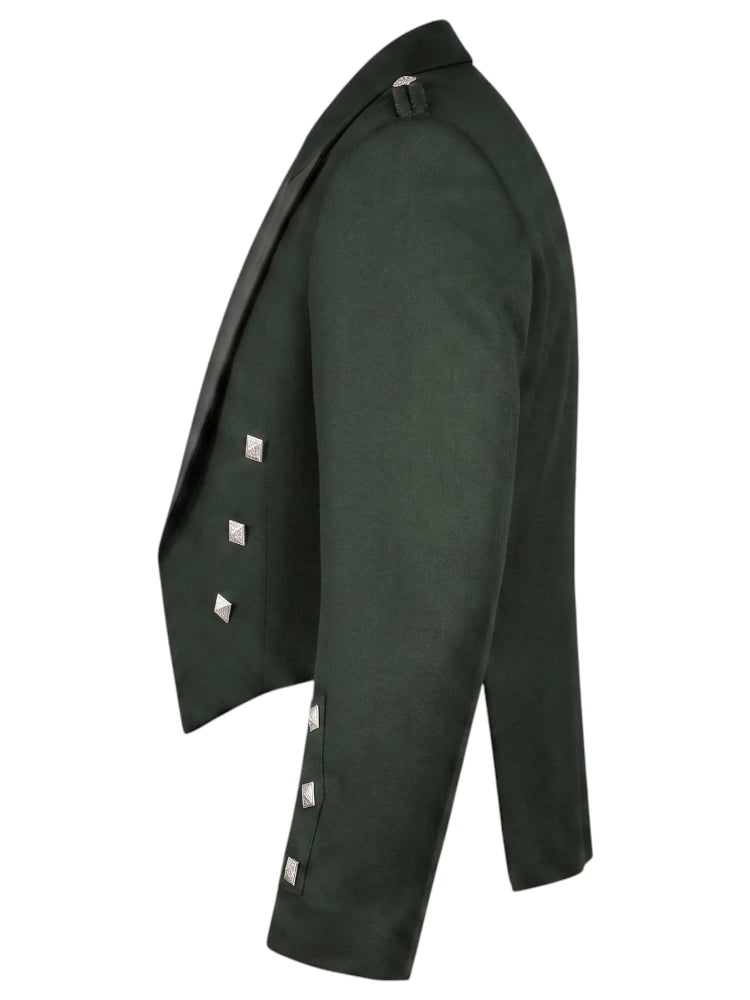 A dark forest green blazer shown from a side profile view, featuring silver-toned square studs along the lapels and cuffs, set against a plain white background.
