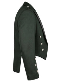 A dark forest green blazer shown from a side profile view, featuring silver metallic square studs along the lapels and front closure, set against a plain white background.