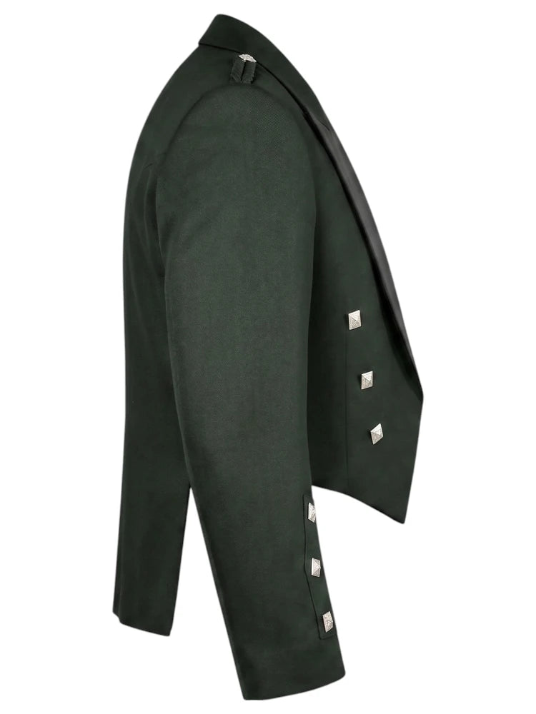 A dark forest green blazer shown from a side profile view, featuring silver metallic square studs along the lapels and front closure, set against a plain white background.