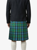 Person wearing a dark jacket and green plaid kilt on a white background