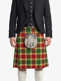 Person wearing a traditional Scottish kilt with a tartan pattern on a white background
