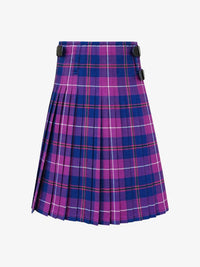 Purple and blue plaid kilt on a white background