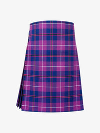 Plaid kilt with purple and blue pattern on a white background