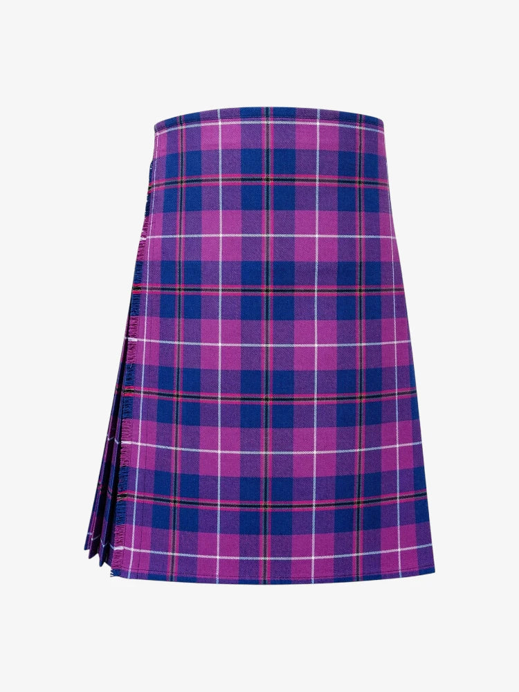 Plaid kilt with purple and blue pattern on a white background