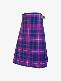 Plaid kilt with purple and blue pattern on a white background