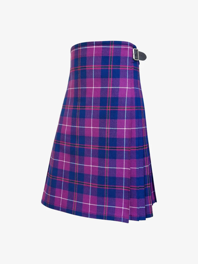 Plaid kilt with purple and blue pattern on a white background