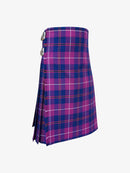 Plaid kilt with purple and blue pattern on a white background