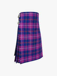 Plaid kilt with purple and blue pattern on a white background