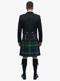 Person wearing a black prince charlie jacket and gordon tartan plaid kilt on a white background