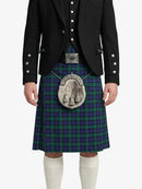 Person wearing a black jacket and green plaid kilt with a silver sporran on a white background