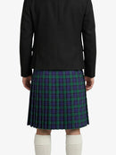 Person wearing a black coat and a green and purple plaid kilt on a white background
