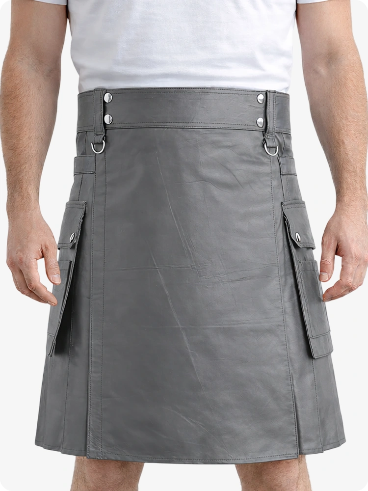 Grey Genuine Leather Utility Kilt with Cargo Pockets & D-Rings