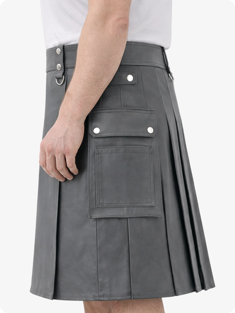 Grey Genuine Leather Utility Kilt with Cargo Pockets & D-Rings