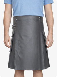 Grey Genuine Leather Utility Kilt with Side Pockets