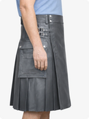 Grey Genuine Leather Utility Kilt with Side Pockets