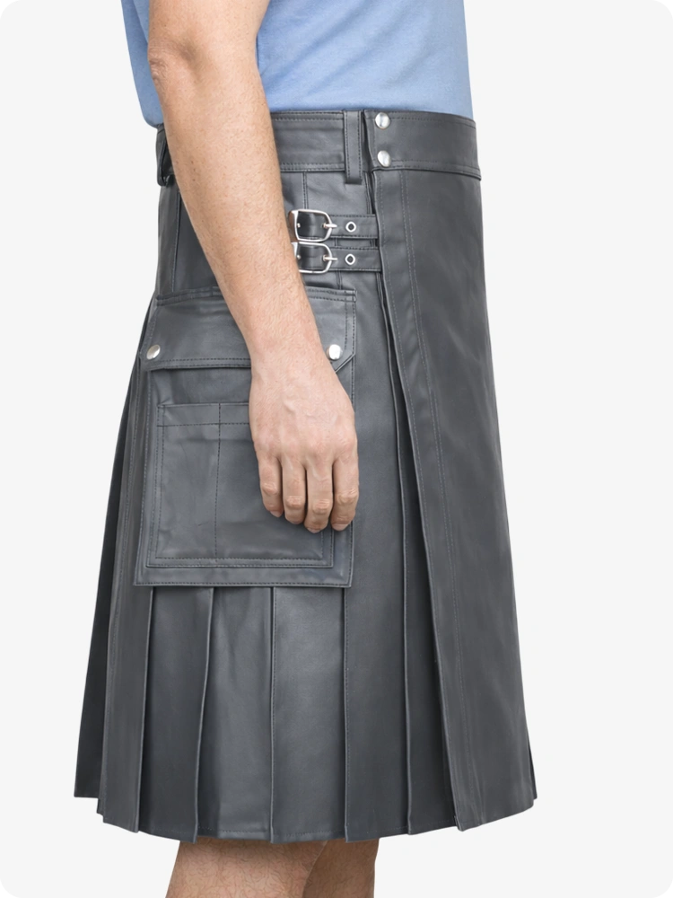 Grey Genuine Leather Utility Kilt with Side Pockets