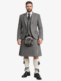 Grey Herringbone Tweed Kilt with Grey Herringbone Tweed Argyle Jacket Kilt Outfit