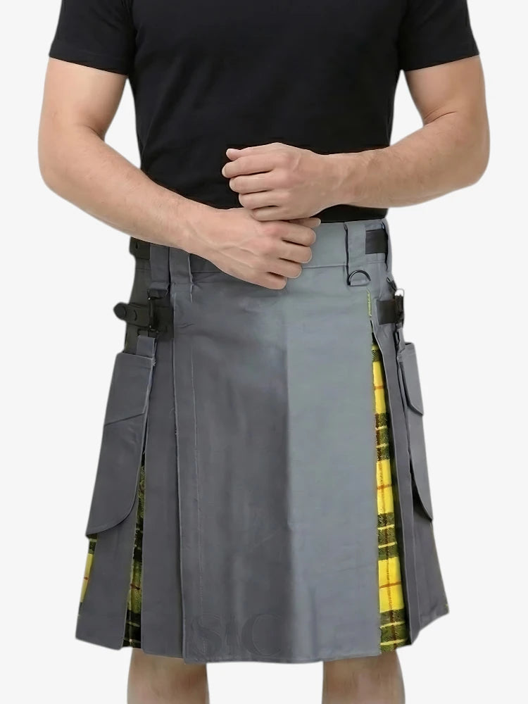 Grauer Hybrid-Utility-Kilt mit MacLeod-Tartan-Falte