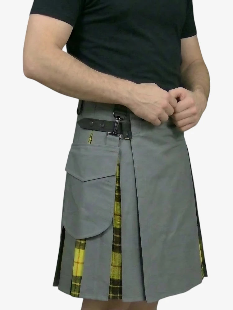 Grauer Hybrid-Utility-Kilt mit MacLeod-Tartan-Falte