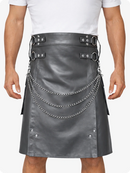 Grey Leather Utility Kilt with Chain Detailing & Adjustable Straps
