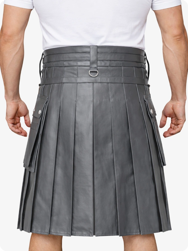 Grey Leather Utility Kilt with Chain Detailing & Adjustable Straps