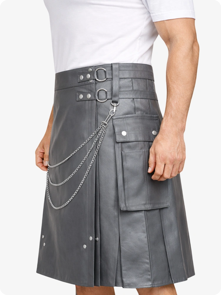 Grey Leather Utility Kilt with Chain Detailing & Adjustable Straps