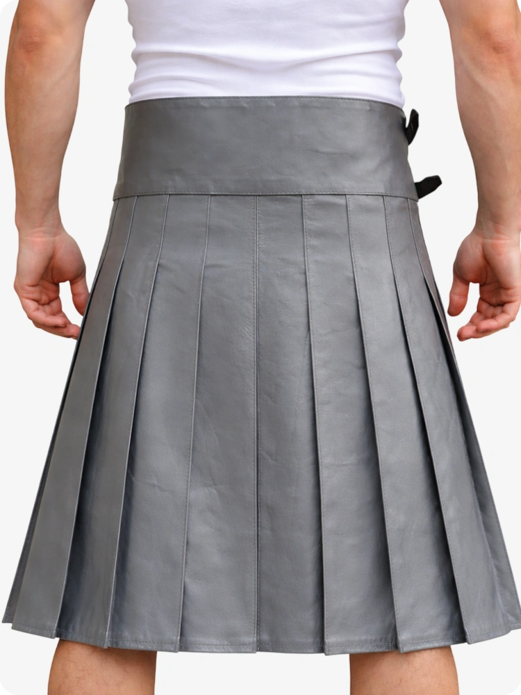 Grey Leather Utility Kilt with Front Pocket & Adjustable Buckle Straps