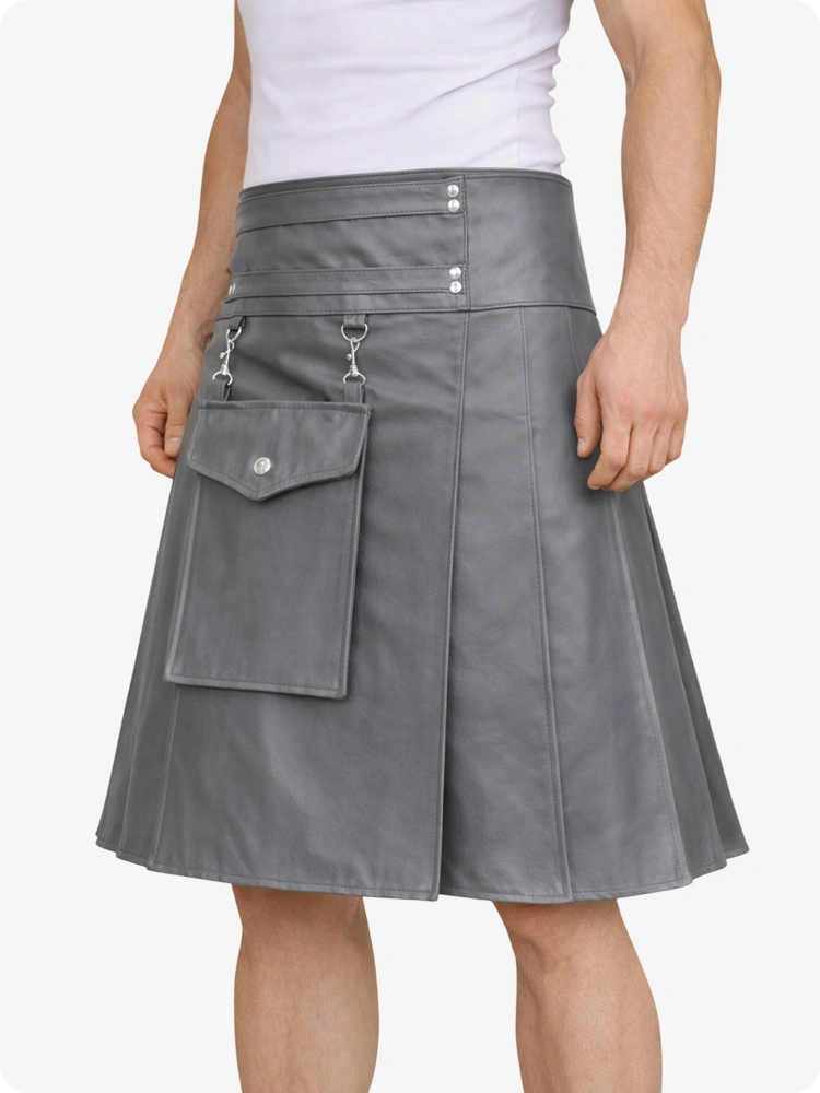 Gray leather skirt with pockets and buttons on a white background