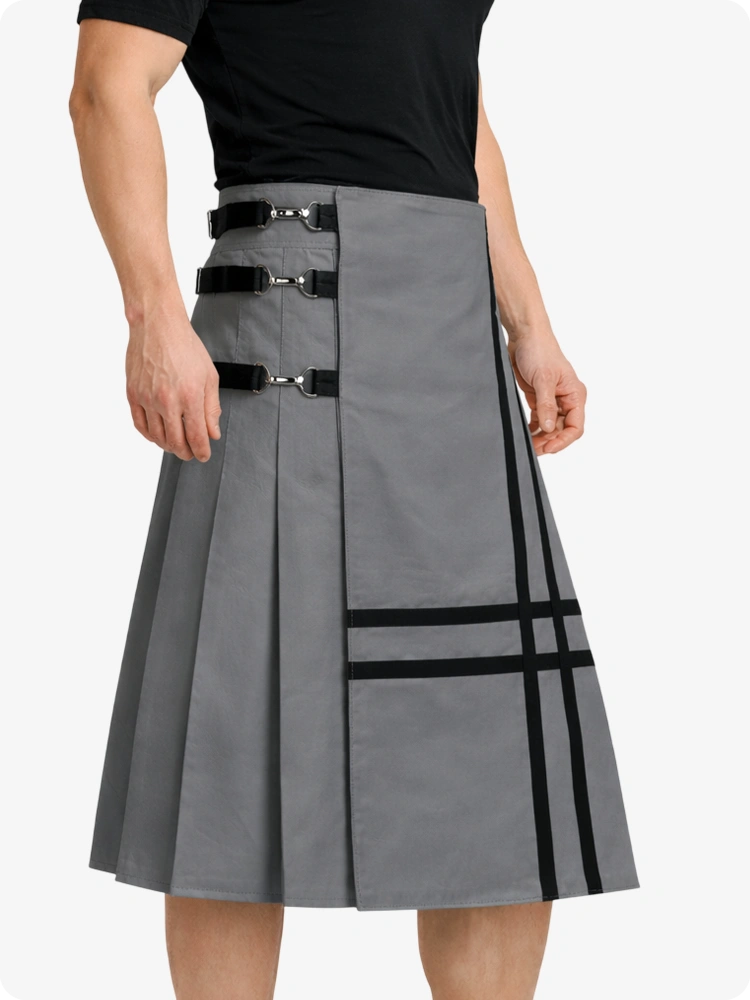 Grey Leather Utility Kilt with Side Buckles & Pleated Back