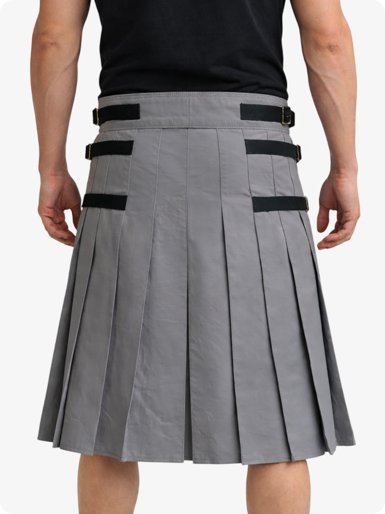 Grey Leather Utility Kilt with Side Buckles & Pleated Back