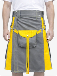 Gray and yellow kilt with fringes on a white background