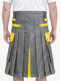 Gray kilt with yellow accents worn by a person on a white background