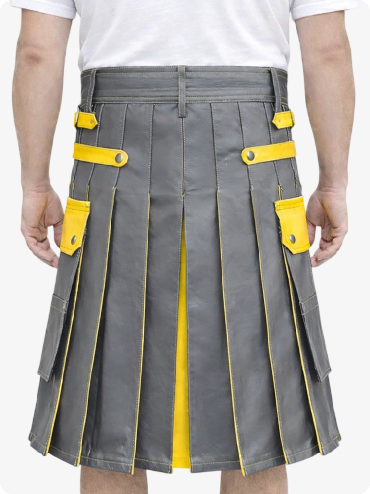 Gray kilt with yellow accents worn by a person on a white background