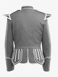 Gray military-style jacket with white accents on a white background