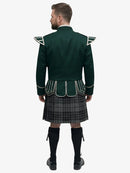 Grey Watch Tartan Doublet Kilt Outfit with Dark Green Jacket Back View with Grey Background