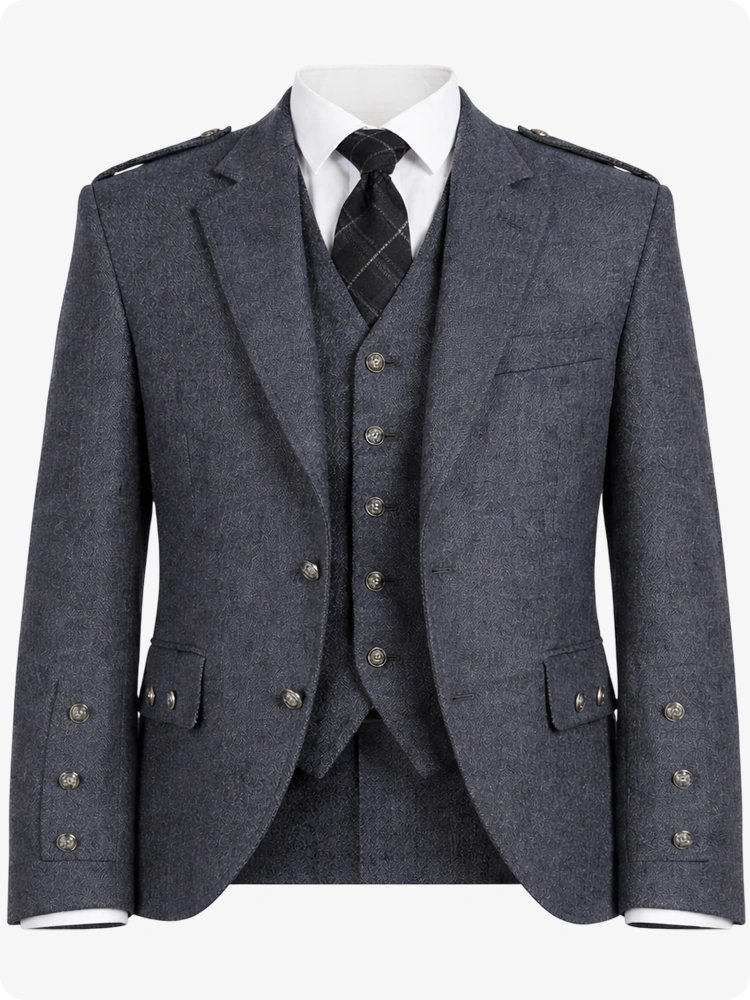Grey Wool Argyle Kilt Jacket With Vest