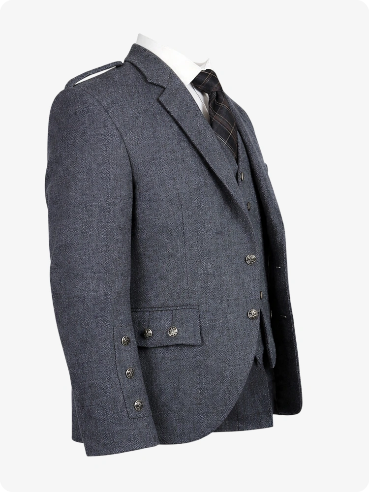 Grey Wool Argyle Kilt Jacket With Vest