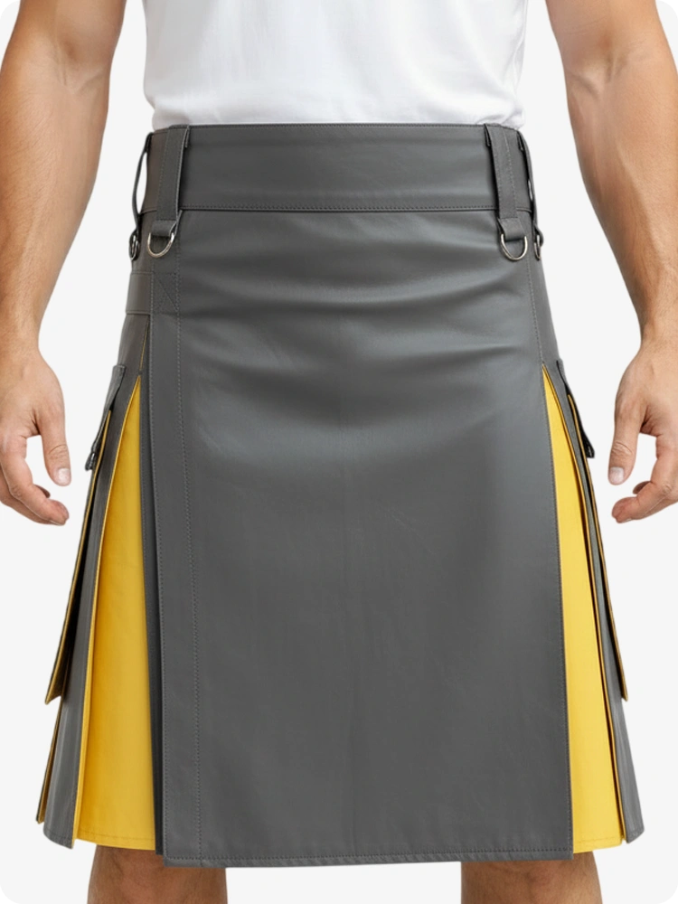 Grau & Gelb Leder Utility Kilt mit Cargotaschen