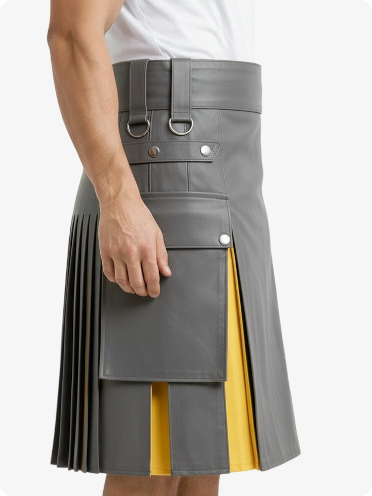 Grau & Gelb Leder Utility Kilt mit Cargotaschen