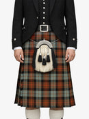 Person wearing a traditional Scottish kilt with a tartan pattern on a white background