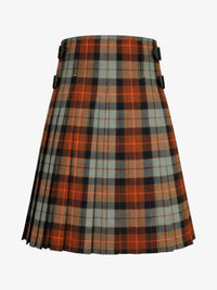 Plaid kilt with orange, black, and gray pattern on a white background