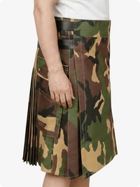 Camouflage kilt worn by a person on a white background