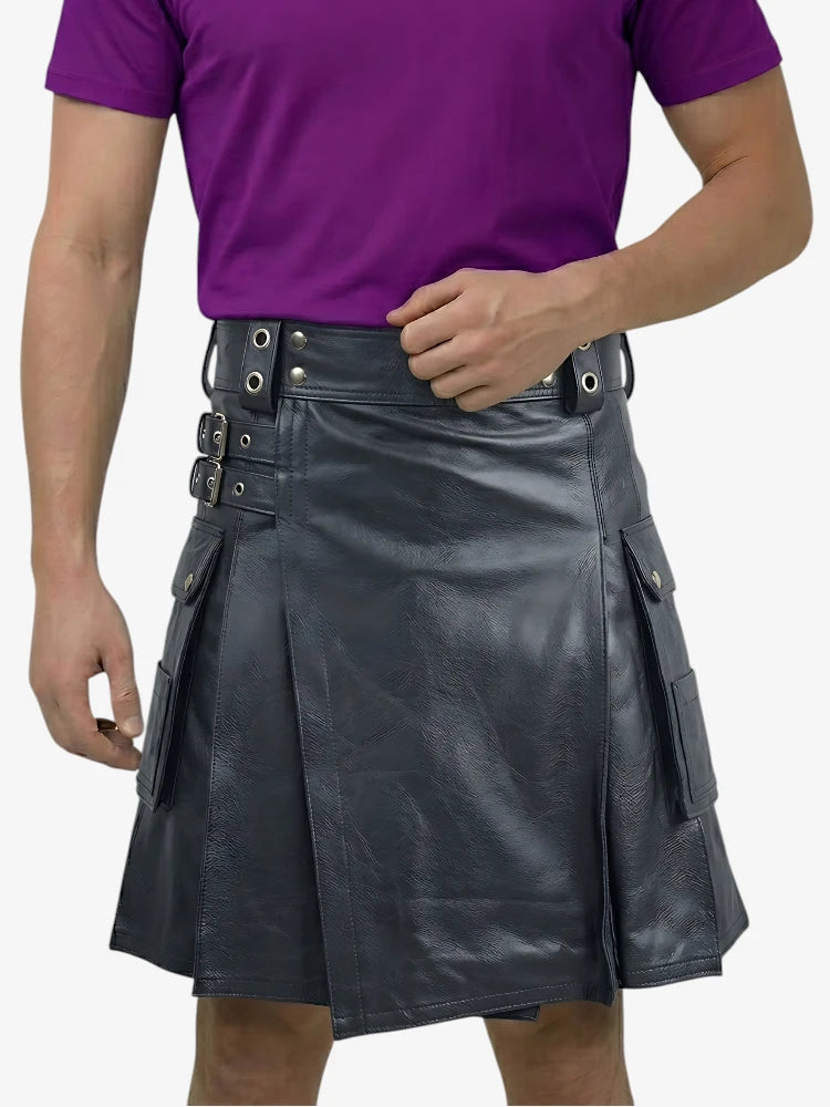 Handgefertigter glänzender schwarzer Lederkilt