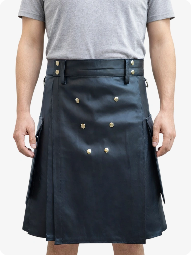Handcrafted Black Leather Utility Kilt with Front Button Rivets