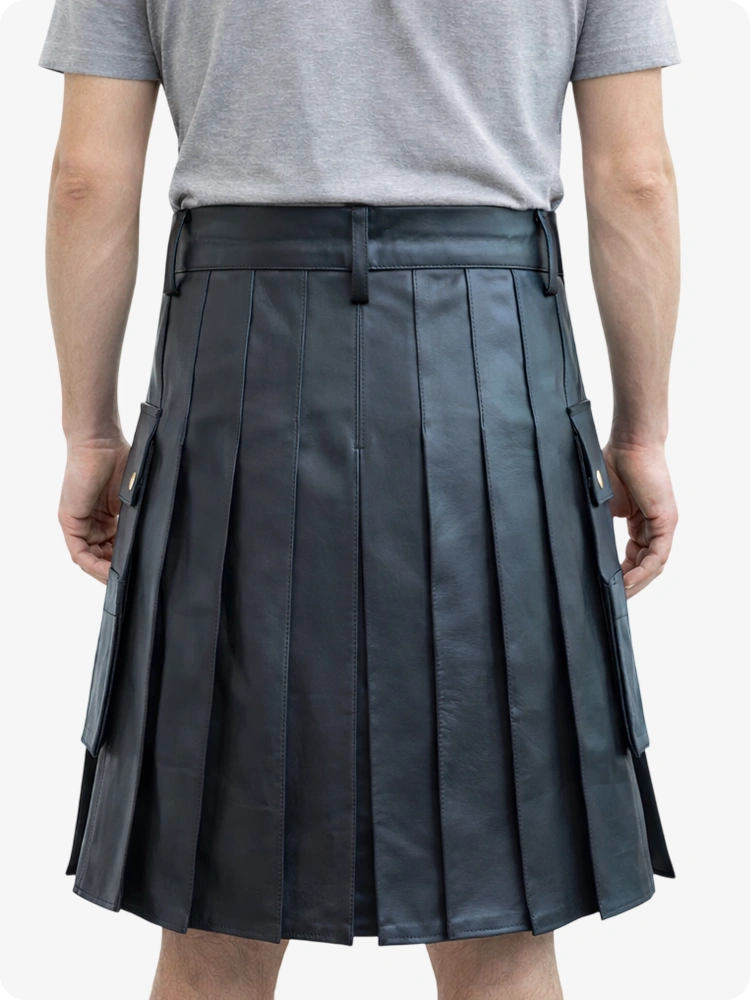 Handcrafted Black Leather Utility Kilt with Front Button Rivets