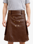 Handcrafted Brown Leather Utility Kilt with Front Button Rivets