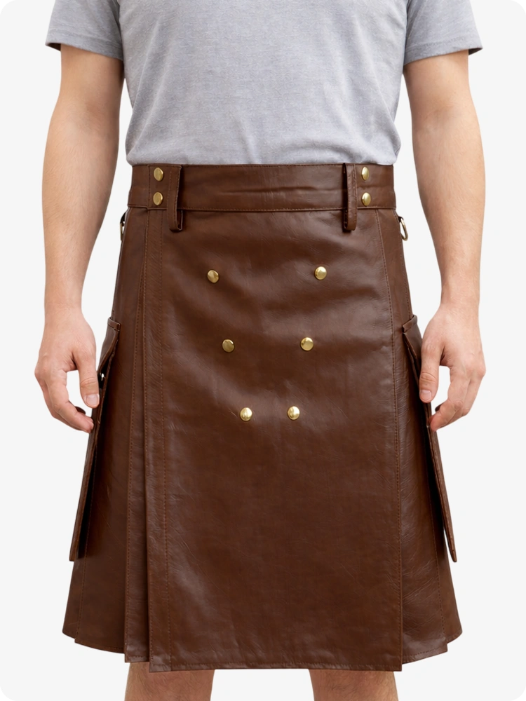 Handcrafted Brown Leather Utility Kilt with Front Button Rivets